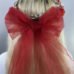 Kırmızı Fiyonklu Yoğun İncili Dış Çekim Gelin Tacı Ve Saç Aksesuarı-INCILITC-24