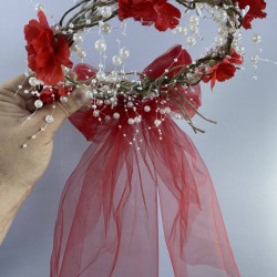 Kırmızı Fiyonklu Yoğun İncili Dış Çekim Gelin Tacı Ve Saç Aksesuarı-INCILITC-24