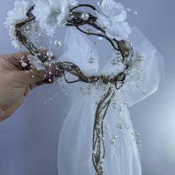 Beyaz Fiyonklu Yoğun İncili Dış Çekim Gelin Tacı Ve Saç Aksesuarı-INCILITC-25