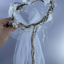 Beyaz Fiyonklu Yoğun İncili Dış Çekim Gelin Tacı Ve Saç Aksesuarı-INCILITC-25