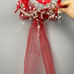 Kırmızı Uzun Fiyonklu Ortanca Çiçekli Özel Tasarım Gelin Kına Dış Çekim Tacı-INCILITC-26