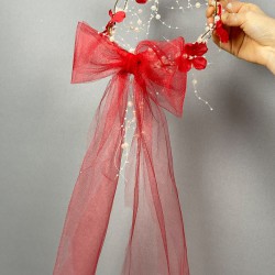 Kırmızı Uzun Fiyonklu Ortanca Çiçekli Özel Tasarım Gelin Kına Dış Çekim Tacı-INCILITC-26