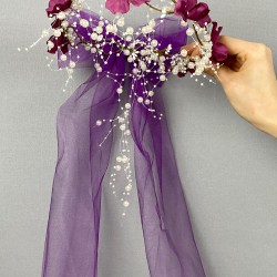 Mor Uzun Fiyonklu Ortanca Çiçekli Özel Tasarım Gelin Kına Dış Çekim Tacı-INCILITC-27