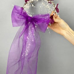 Mor Uzun Fiyonklu Ortanca Çiçekli Özel Tasarım Gelin Kına Dış Çekim Tacı-INCILITC-27