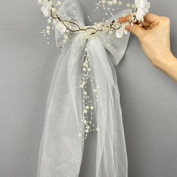 Beyaz Uzun Fiyonklu Ortanca Çiçekli Özel Tasarım Gelin Kına Dış Çekim Tacı-INCILITC-28