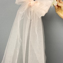 Somon Uzun Fiyonklu Ortanca Çiçekli Özel Tasarım Gelin Kına Dış Çekim Tacı-INCILITC-29