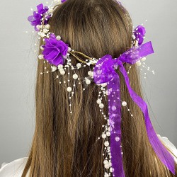 Mor Lazer Çiçekli İncili Özel Tasarım Nedime Tacı Dış Çekim Tacı-INCILITC-30