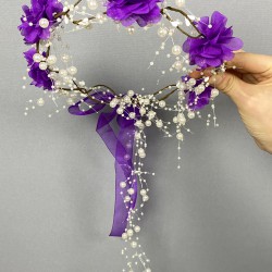 Mor Lazer Çiçekli İncili Özel Tasarım Nedime Tacı Dış Çekim Tacı-INCILITC-30