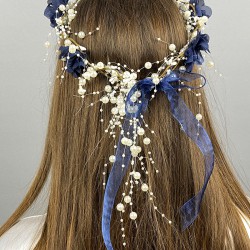 Lacivert Lazer Çiçekli İncili Özel Tasarım Nedime Tacı Dış Çekim Tacı-INCILITC-31