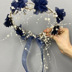 Lacivert Lazer Çiçekli İncili Özel Tasarım Nedime Tacı Dış Çekim Tacı-INCILITC-31