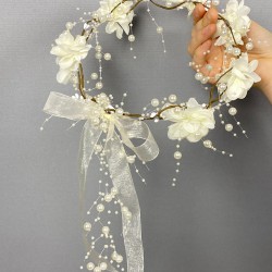 Krem Lazer Çiçekli İncili Özel Tasarım Nedime Tacı Dış Çekim Tacı-INCILITC-32
