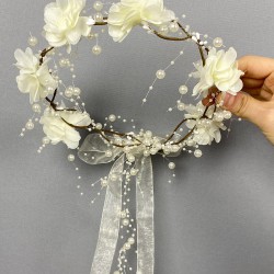 Krem Lazer Çiçekli İncili Özel Tasarım Nedime Tacı Dış Çekim Tacı-INCILITC-32