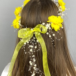 Sarı Lazer Çiçekli İncili Özel Tasarım Nedime Tacı Dış Çekim Tacı-INCILITC-33