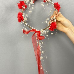 Kırmızı Lazer Çiçekli İncili Özel Tasarım Nedime Tacı Dış Çekim Tacı-INCILITC-34