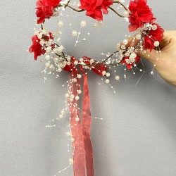 Kırmızı Lazer Çiçekli İncili Özel Tasarım Nedime Tacı Dış Çekim Tacı-INCILITC-34