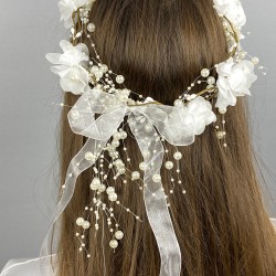 Beyaz Lazer Çiçekli İncili Özel Tasarım Nedime Tacı Dış Çekim Tacı-INCILITC-35