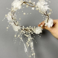 Beyaz Lazer Çiçekli İncili Özel Tasarım Nedime Tacı Dış Çekim Tacı-INCILITC-35