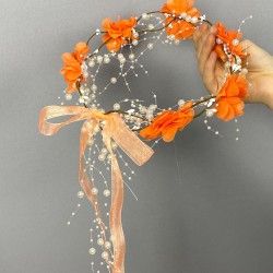 Turuncu Lazer Çiçekli İncili Özel Tasarım Nedime Tacı Dış Çekim Tacı-INCILITC-36