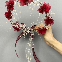 Bordo Lazer Çiçekli İncili Özel Tasarım Nedime Tacı Dış Çekim Tacı-INCILITC-37