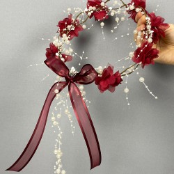 Bordo Lazer Çiçekli İncili Özel Tasarım Nedime Tacı Dış Çekim Tacı-INCILITC-37