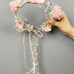 Pudra Lazer Çiçekli İncili Özel Tasarım Nedime Tacı Dış Çekim Tacı-INCILITC-38