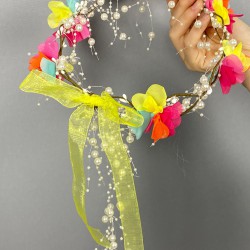 Rengarenk Lazer Çiçekli İncili Özel Tasarım Nedime Tacı Dış Çekim Tacı-INCILITC-39