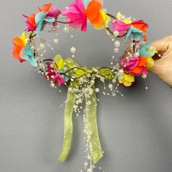 Rengarenk Lazer Çiçekli İncili Özel Tasarım Nedime Tacı Dış Çekim Tacı-INCILITC-39