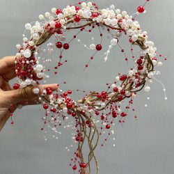 Kırmızı İncili Kristalli Ve Hasırlı Kına Gelin Tacı-INCILITC-4