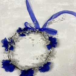 Saks Mavi Lazer Çiçekli İncili Özel Tasarım Nedime Tacı Dış Çekim Tacı-INCILITC-41