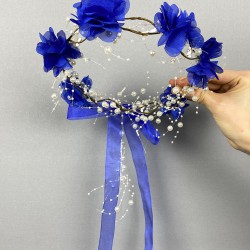 Saks Mavi Lazer Çiçekli İncili Özel Tasarım Nedime Tacı Dış Çekim Tacı-INCILITC-41