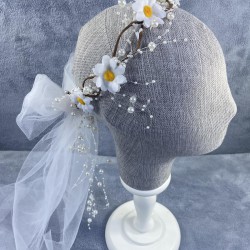 Papatyalı Beyaz Tüllü Fiyonklu Özel Tasarım Dış Çekim Saç Aksesuarı-INCILITC-42