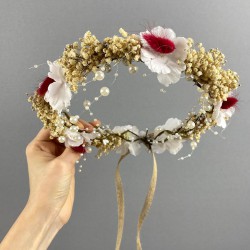 Beyaz Ortancalı Kırmızı Pamuk Otlu Ve İncili Organizasyon Gelin Dış Çekim Tacı-INCILITC-46