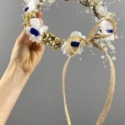 Beyaz Ortancalı Mavi Pamuk Otlu Ve İncili Organizasyon Gelin Dış Çekim Tacı-INCILITC-47