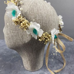 Beyaz Ortancalı Su Yeşili Pamuk Otlu Ve İncili Organizasyon Gelin Dış Çekim Tacı-INCILITC-48