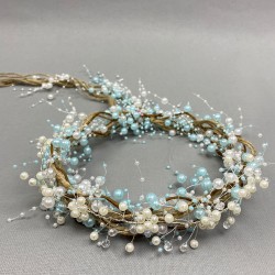Açık Mavi İncili Kristalli Ve Hasırlı Kına Gelin Tacı-INCILITC-5