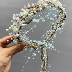 Açık Mavi İncili Kristalli Ve Hasırlı Kına Gelin Tacı-INCILITC-5