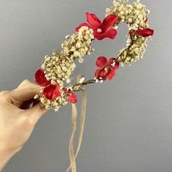 Kırmızı Ortancalı Şoklanmış Cipso Kuru Çiçekli Organizasyon Dış Çekim Gelin Tacı-INCILITC-53