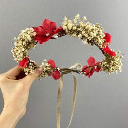 Kırmızı Ortancalı Şoklanmış Cipso Kuru Çiçekli Organizasyon Dış Çekim Gelin Tacı-INCILITC-53