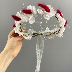 Beyaz Bahar Dalı Kırmızı Pamuk Otlu Organizasyon Gelin Dış Çekim Tacı-INCILITC-55
