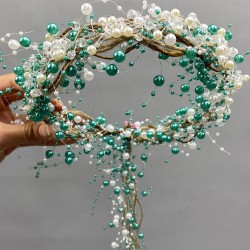 Mint Yeşili İncili Kristalli Ve Hasırlı Kına Gelin Tacı-INCILITC-6