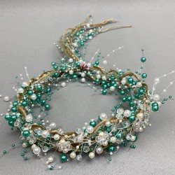 Mint Yeşili İncili Kristalli Ve Hasırlı Kına Gelin Tacı-INCILITC-6