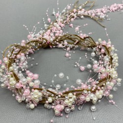 Pembe İncili Kristalli Ve Hasırlı Kına Gelin Tacı-INCILITC-7