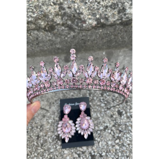İvanna Pembe Gelin Kına Tacı Özel Gün Aksesuar Kadın Taç Ve Geniş Mekik Küpe Takımı-IVANA-10 İvanna Pembe Gelin Kına Tacı Özel Gün Aksesuar Kadın Taç Ve Geniş Mekik Küpe Takımı-IVANA-10