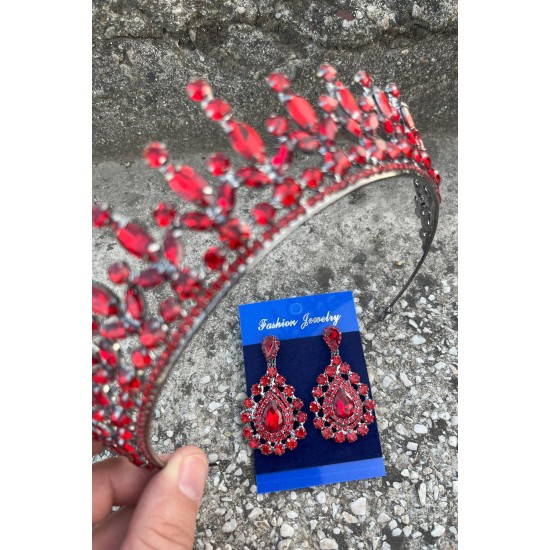 İvanna Kırmızı Gelin Kına Tacı Özel Gün Aksesuar Kadın Taç Ve Damla Mekik Küpe Takımı-IVANA-24 İvanna Kırmızı Gelin Kına Tacı Özel Gün Aksesuar Kadın Taç Ve Damla Mekik Küpe Takımı-IVANA-24