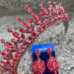 İvanna Kırmızı Gelin Kına Tacı Özel Gün Aksesuar Kadın Taç Ve Geniş Mekik Küpe Takımı-IVANA-25 İvanna Kırmızı Gelin Kına Tacı Özel Gün Aksesuar Kadın Taç Ve Geniş Mekik Küpe Takımı-IVANA-25