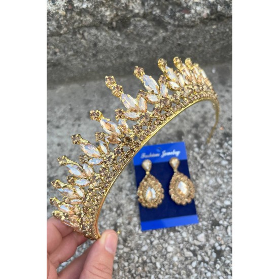 İvanna Gold Gelin Kına Tacı Özel Gün Aksesuar Kadın Taç Ve Damla Mekik Küpe Takımı-IVANA-32 İvanna Gold Gelin Kına Tacı Özel Gün Aksesuar Kadın Taç Ve Damla Mekik Küpe Takımı-IVANA-32
