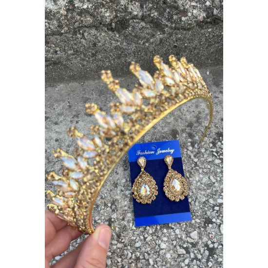 İvanna Gold Gelin Kına Tacı Özel Gün Aksesuar Kadın Taç Ve Damla Mekik Küpe Takımı-IVANA-32 İvanna Gold Gelin Kına Tacı Özel Gün Aksesuar Kadın Taç Ve Damla Mekik Küpe Takımı-IVANA-32