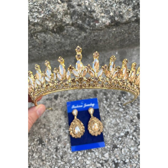 İvanna Gold Gelin Kına Tacı Özel Gün Aksesuar Kadın Taç Ve Damla Mekik Küpe Takımı-IVANA-32 İvanna Gold Gelin Kına Tacı Özel Gün Aksesuar Kadın Taç Ve Damla Mekik Küpe Takımı-IVANA-32