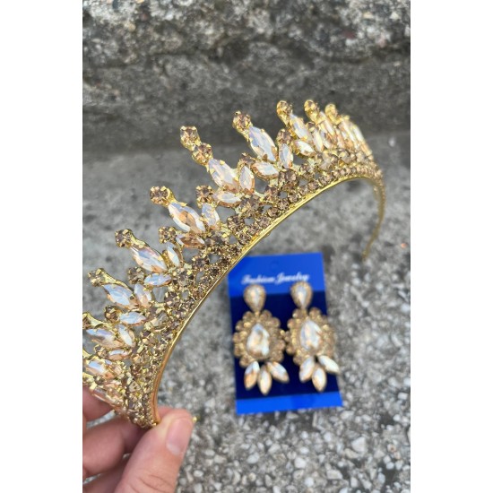 İvanna Gold Gelin Kına Tacı Özel Gün Aksesuar Kadın Taç Ve Üç Mekik Küpe Takımı-IVANA-33 İvanna Gold Gelin Kına Tacı Özel Gün Aksesuar Kadın Taç Ve Üç Mekik Küpe Takımı-IVANA-33