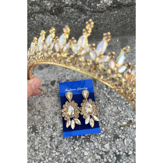 İvanna Gold Gelin Kına Tacı Özel Gün Aksesuar Kadın Taç Ve Üç Mekik Küpe Takımı-IVANA-33 İvanna Gold Gelin Kına Tacı Özel Gün Aksesuar Kadın Taç Ve Üç Mekik Küpe Takımı-IVANA-33